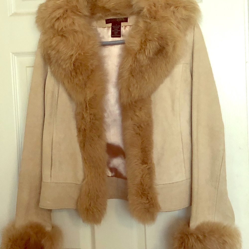 Suede coat with fox trim